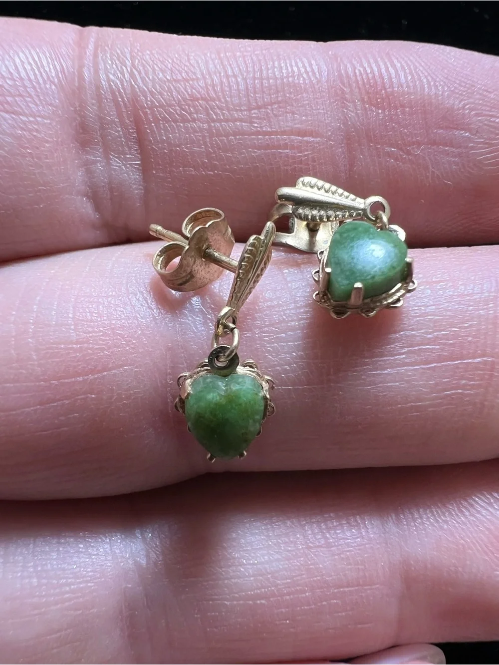 Vintage 14k Gold Heart Jade Drop Earrings